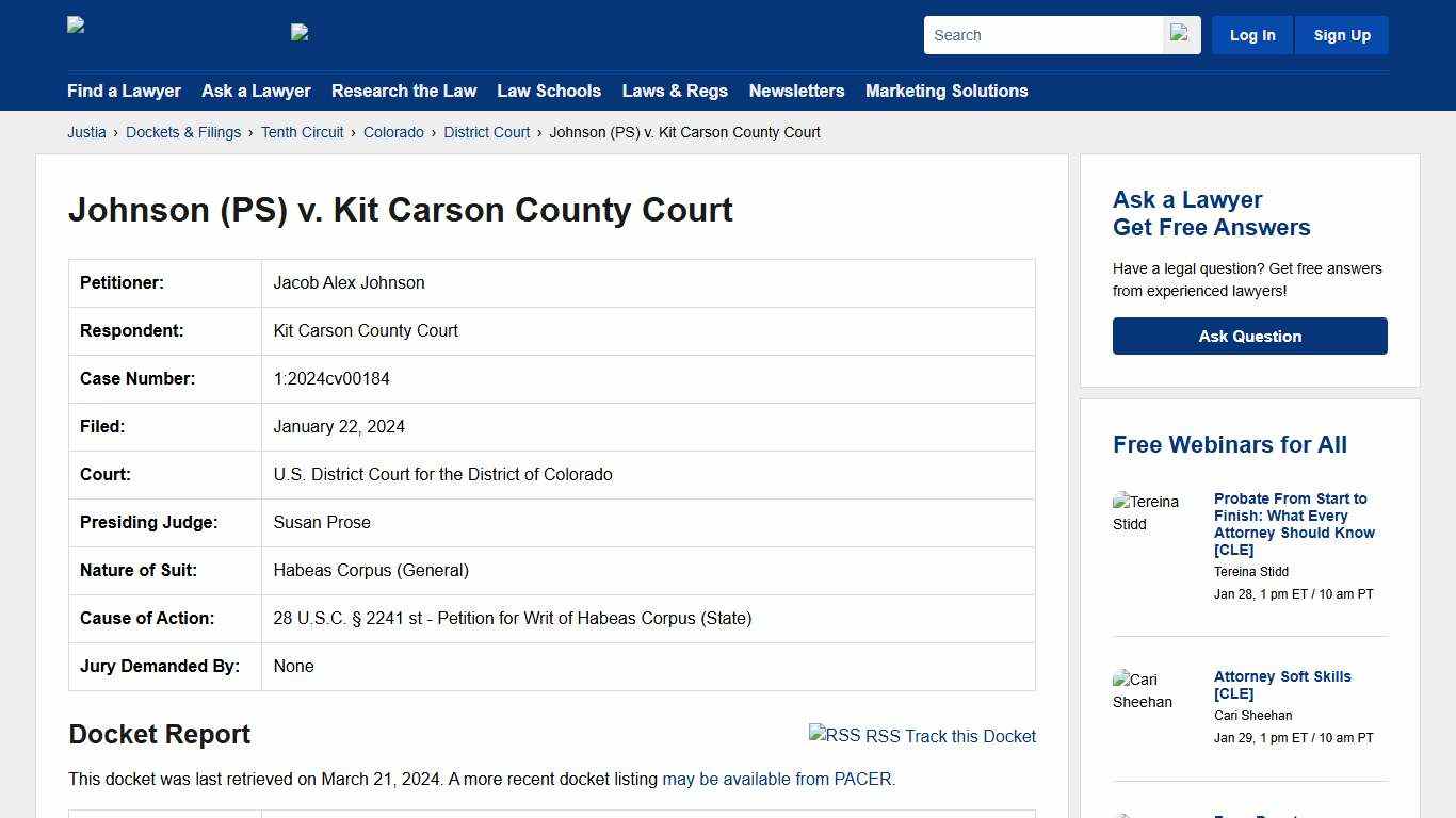 Johnson (PS) v. Kit Carson County Court 1:2024cv00184 U.S. District Court for the District of Colorado Justia